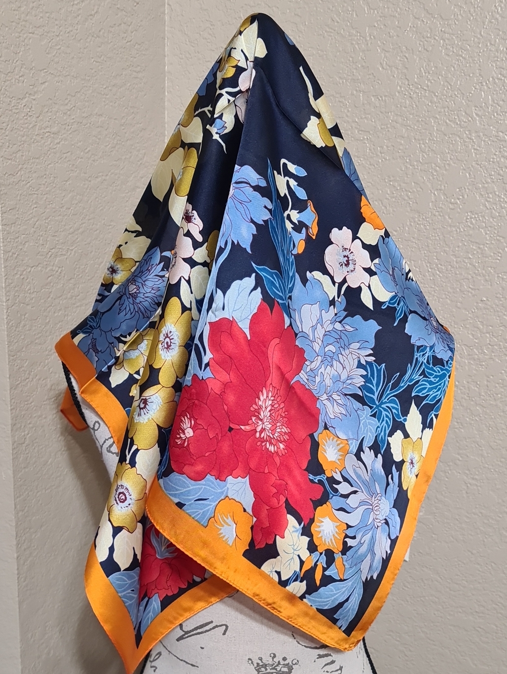 Floral Satin Scarf - Navy Blue with Red & Orange Floral Print.